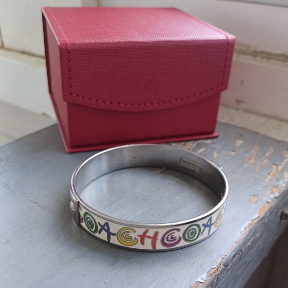 Coach vintage stamped fun multicolor enamel silver thick bangle bracelet & box - Picture 6 of 15
